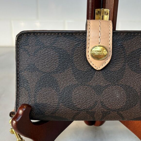 Coach Wallet Signature Logo Coated Canvas Slim Brown Tan Black Designer - Picture 2 of 16